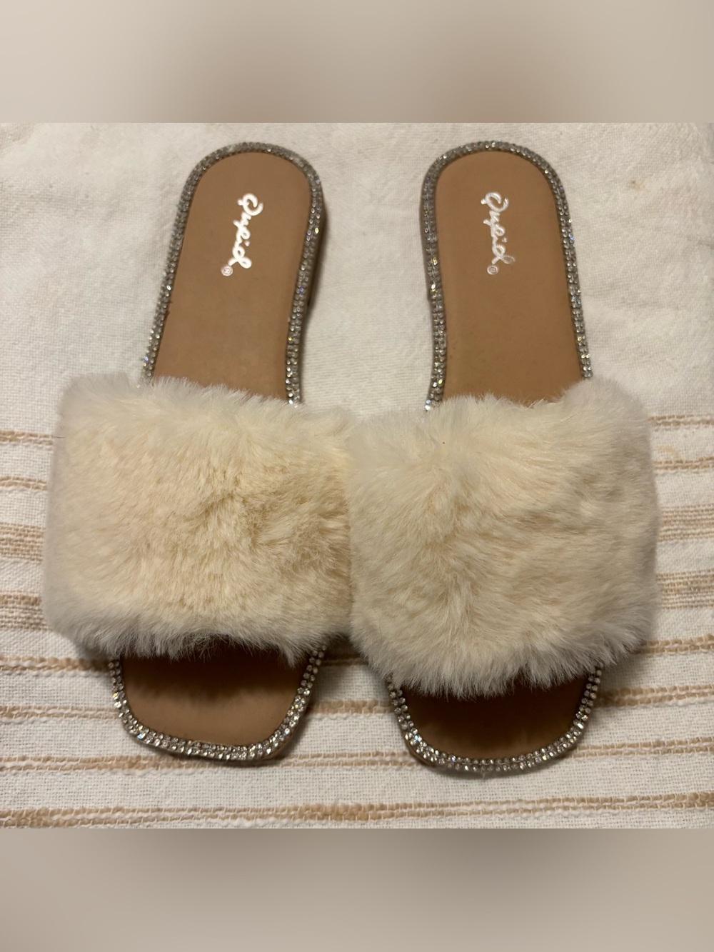 Qupid Beige Faux Fur Slide Sandals with Crystal Trim